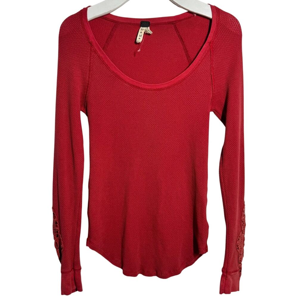 Free People Boho Thermal Crochet Waffle Knit Long Sleeve‎ Top Women M Red Y2K